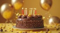 Sweet Celebration: Chocolate Birthday Cake with Sweets, Candles, Gold Balloons, and Fireworks on Yellow Background Royalty Free Stock Photo