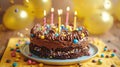 Sweet Celebration: Chocolate Birthday Cake with Sweets, Candles, Gold Balloons, and Fireworks on Yellow Background Royalty Free Stock Photo