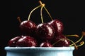 Sweet cherries in a blue cup on a dark background Royalty Free Stock Photo