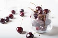 Sweet cherries in cherry glass bowl around white. close up Royalty Free Stock Photo