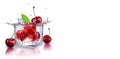 Sweet cherries inside ice cube. Closeup fresh cherry isolated on white. AI generated Royalty Free Stock Photo