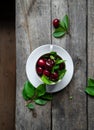 Sweet cherries with leaves in a white tea cup on wooden table, top view Royalty Free Stock Photo