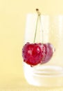 Sweet cherries. Red cherries hang on a transparent glass. Ripe berry.
