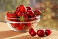 Sweet cherries and strawberries in a glass plate. Backlight. Green background with bokeh. Bright sunny day. Juicy, tasty, healthy Royalty Free Stock Photo