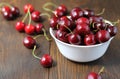 Sweet cherries in the white bowl on the wooden table. Royalty Free Stock Photo
