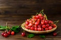 Sweet cherries in a wooden plate Royalty Free Stock Photo