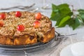 Sweet cherry pie with roasted almonds, on a white wooden table Royalty Free Stock Photo