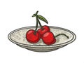 sweet cherry on saucer color sketch raster Royalty Free Stock Photo