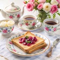 Sweet cherry toast with tea set and roses Royalty Free Stock Photo