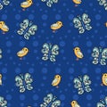 Sweet Chicks And Butterflies Scattered Repeat Pattern With Polka Dots On Royal Blue