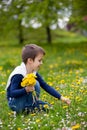 Sweet child, boy, gathering dandelions and daisy flowers