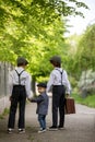 Sweet children in vintage clothing, holding suitcase, running in the park Royalty Free Stock Photo