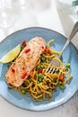 Sweet chilli salmon with pasta salad Royalty Free Stock Photo