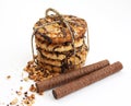 Sweet chocolate biscuit tie up and wafer rolls Royalty Free Stock Photo