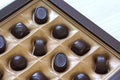 Sweet chocolate candies assortment in a box close-up. Top view Royalty Free Stock Photo