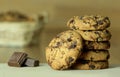 Sweet cookies with chocolate. Wooden background. Close up view. Royalty Free Stock Photo