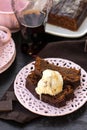 Sweet chocolate cola cake served with ice-cream Royalty Free Stock Photo