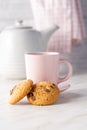 Sweet chocolate cookies. Tasty biscuits and coffee cup