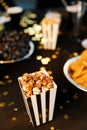 Sweet chocolate popcorn. Delicious, junk. Royalty Free Stock Photo