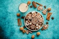 Sweet Christmas composition. Assortment of gingerbread cookies on a plate