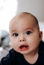 Sweet chubby cheeky baby boy lying on his tummy on the bed. Funny face expression Royalty Free Stock Photo