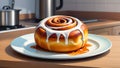 Sweet cinnamon rolls dessert sweet baked food with cream on kitchen countertop.