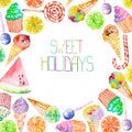 A sweet circle frame of the watercolor confection: ice cream, candy, lollipop, muffins, fruits and other