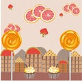 Sweet city with caramel lanterns, coklate houses and grapefruit clouds