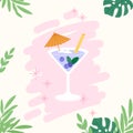 Sweet cocktail printcard. Exotic leaves and alcoholic party drink, festival or celebration background. Martini in glass