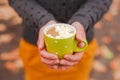 Sweet cocoa with marshmallow in female hands