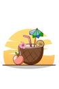 Sweet coconut ice drink in beach in the summer cartoon illustration