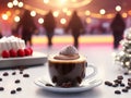 Sweet coffee and dessert are shown against a bokeh-ed ice rink background. Royalty Free Stock Photo