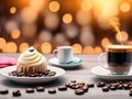 Sweet coffee and dessert are shown against a bokeh-ed ice rink background. Royalty Free Stock Photo