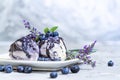 Sweet cold dessert, classic lavender ice cream with blueberry syrup