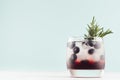 Sweet cold party drink in elegant glass with ice cubes, blueberry, rosemary on pastel soft green color background, white board.