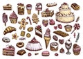 Sweet collection of colored drawings in vintage style. Confectionery products vector illustrations.