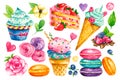 Sweet collection. Confectionery Vector watercolor food. Illustrations of cakes, pies, biscuits, ice cream, cookies Royalty Free Stock Photo