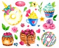 Sweet collection. Confectionery Vector watercolor food. Illustrations of cakes, pies, biscuits, ice cream, cookies
