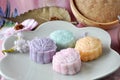 Sweet Color of Snow Skin Mooncake on Plate