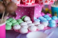 Sweet colored meringues, popcorn, custard cakes Royalty Free Stock Photo