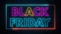 Sweet Colorful Black Friday Lettering Glowing Neon Sign Inside Neon Light Rectangle Frame On Dark Brick Wall Background Royalty Free Stock Photo