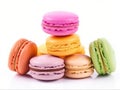 Sweet colorful macarons isolated on white background. Tasty colourful macaroons.