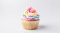 sweet and colorful tasty cupcake with pastel rainbow cream on white background