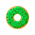 Sweet colorful tasty donut isolated on white background. Green glazed and chocolate chips sprinkle doughnut top view for Royalty Free Stock Photo