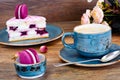 Sweet and Colourful Cake with French Macaroons with Cup of Cofee Royalty Free Stock Photo