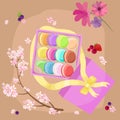Sweet and colourful french macaroons, macaron fruit biscuit dessert