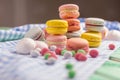 Sweet composition of macaroon cookies and marshmallow Royalty Free Stock Photo