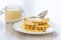 Sweet Condensed or evaporated milk and waffles on a table Royalty Free Stock Photo