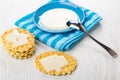 Sweet condensed milk in saucer, milk on wafer cookies, teaspoon Royalty Free Stock Photo