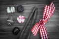 Sweet confectionery in black and white color designed with pink and red wired gingham ribbon. Royalty Free Stock Photo